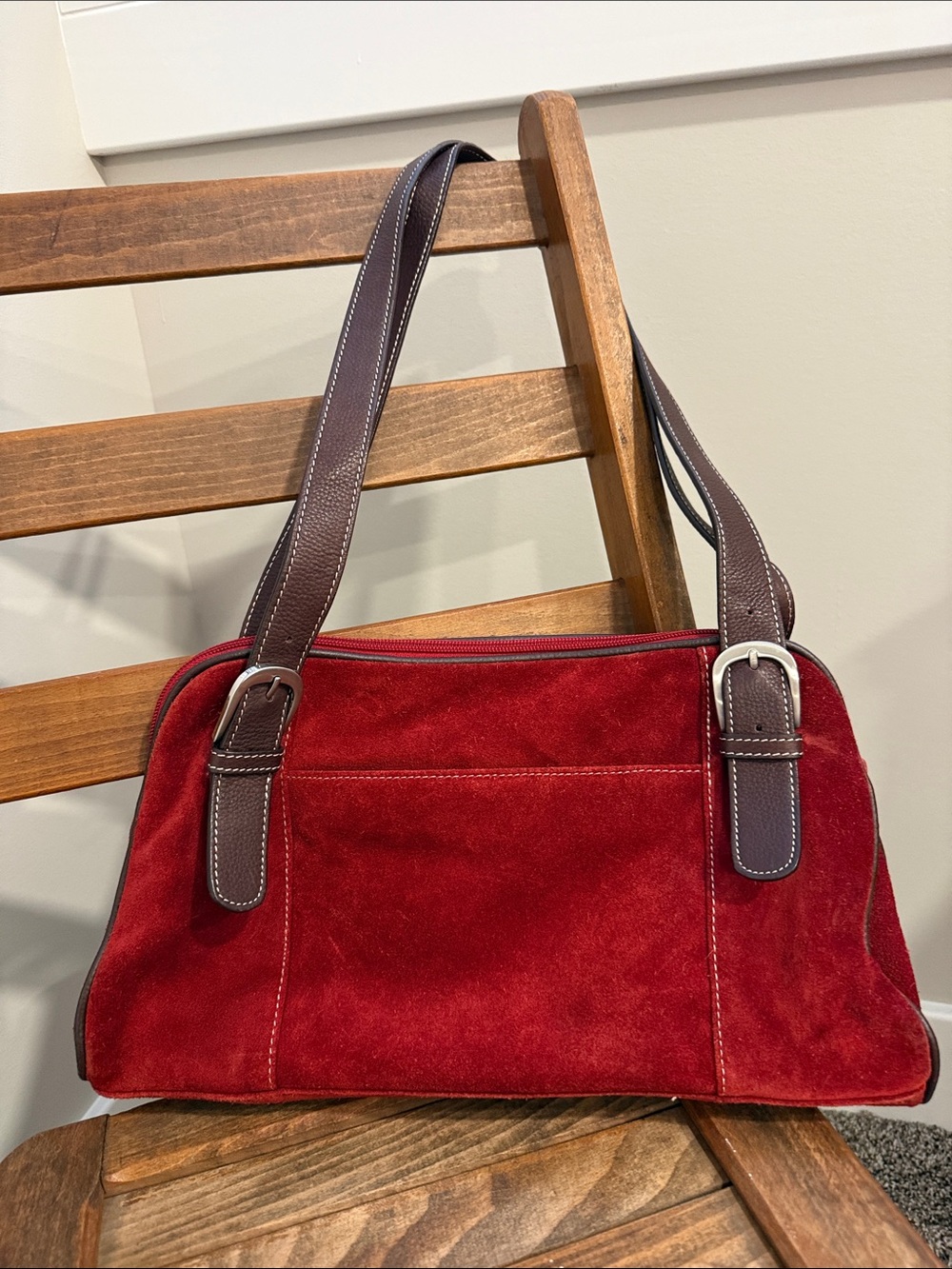 Tignanello Burgundy Genuine Leather Suede Shoulder Bag